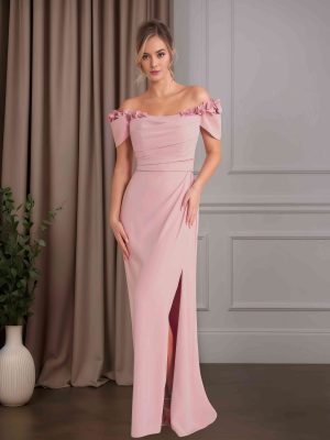 Sheath/Column Off-The-Shoulder Short Sleeves Floor-Length Mother of the Bride Dresses with Ruffles, Split Side & 3D Flowers