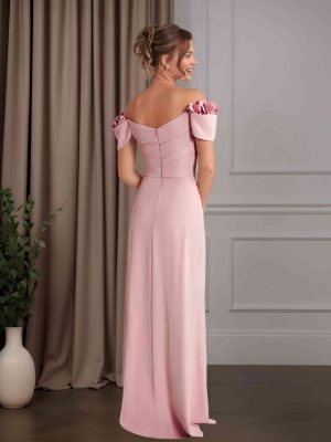 Sheath/Column Off-The-Shoulder Short Sleeves Floor-Length Mother of the Bride Dresses with Ruffles, Split Side & 3D Flowers