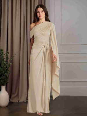 Sheath/Column One-Shoulder Cap Sleeves Floor-Length Mother of the Bride Dresses with Pleats