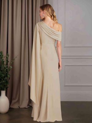 Sheath/Column One-Shoulder Cap Sleeves Floor-Length Mother of the Bride Dresses with Pleats