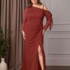 Sheath/Column One-Shoulder Long Sleeves Floor-Length Plus Size Mother of the Bride Dresses with Beaded, Pleated & Split Side