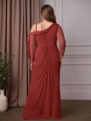 Sheath/Column One-Shoulder Long Sleeves Floor-Length Mother of the Bride Dresses with Beaded, Pleated & Split Side