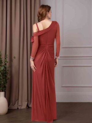Sheath/Column One-Shoulder Long Sleeves Floor-Length Mother of the Bride Dresses with Beaded, Pleated & Split Side