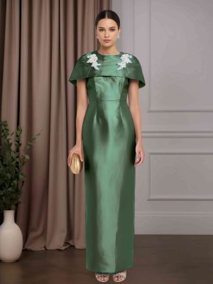 Sheath/Column Round Neck Cap Sleeves Floor-Length Mother of the Bride Dresses with Appliques