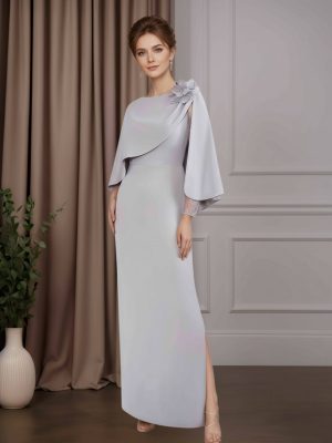 Sheath/Column Round Neck Cap Sleeves Floor-Length Mother of the Bride Dresses with Lace & 3D Flower