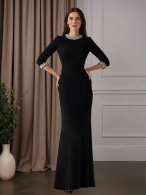 Sheath/Column Round Neck Half Sleeves Floor-Length Mother of the Bride Dresses with 3D Floral Flowers
