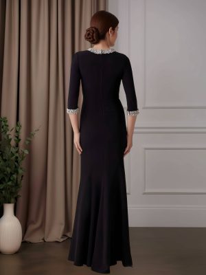 Sheath/Column Round Neck Half Sleeves Floor-Length Mother of the Bride Dresses with 3D Floral Flowers