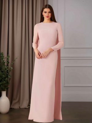 Sheath/Column Round Neck Long Sleeves Floor-Length Mother of the Bride Dresses with Cap Back
