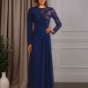 Sheath/Column Round Neck Long Sleeves Floor-Length Mother of the Bride Dresses with Ruffles & Lace Appliques