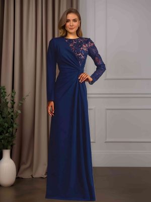 Sheath/Column Round Neck Long Sleeves Floor-Length Mother of the Bride Dresses with Ruffles & Lace Appliques
