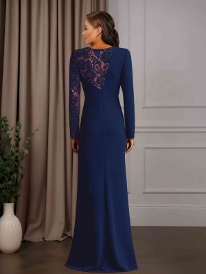 Sheath/Column Round Neck Long Sleeves Floor-Length Mother of the Bride Dresses with Ruffles & Lace Appliques