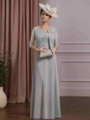 Sheath/Column Scoop Neck Half Sleeves Floor-Length Mother of the Bride Dresses with Jacket & Lace Appliques