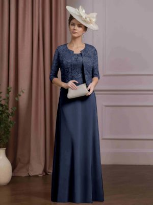 Sheath/Column Scoop Neck Half Sleeves Floor-Length Mother of the Bride Dresses with Jacket & Lace Appliques