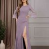 Sheath/Column Scoop Neck Long Sleeves Floor-Length Mother of the Bride Dresses with Ruffles, Appliques & Split Side