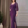 Sheath/Column Square Neck 3/4 Length Sleeves Mother of the Bride Dresse with Beaded & Split Side