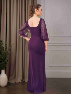 Sheath/Column Square Neck 3/4 Length Sleeves Mother of the Bride Dresse with Beaded & Split Side