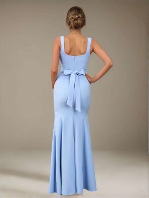 Sheath/Column Square Neck Sleeveless Floor-Length Satin Bridesmaid Dresses with Bowknot & Split Side