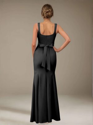 Sheath/Column Square Neck Sleeveless Floor-Length Satin Bridesmaid Dresses with Bowknot & Split Side
