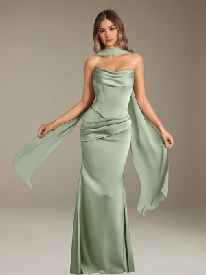 Sheath/Column Strapless Sleeveless Floor-Length Bridesmaid Dresses with Pleated
