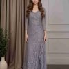 Sheath/Column V-Neck 3/4 Length Sleeves Floor-Length Mother of the Bride Dresses with Ruched & Lace Appliques