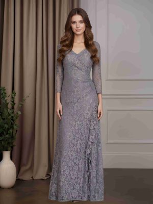 Sheath/Column V-Neck 3/4 Length Sleeves Floor-Length Mother of the Bride Dresses with Ruched & Lace Appliques