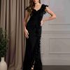 Sheath/Column V-Neck Flutter Sleeves Floor-Length Mother of the Bride Dresses with Ruffles & Split Side