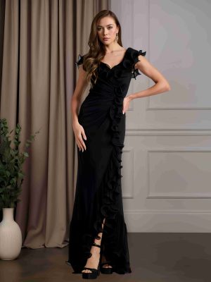 Sheath/Column V-Neck Flutter Sleeves Floor-Length Mother of the Bride Dresses with Ruffles & Split Side