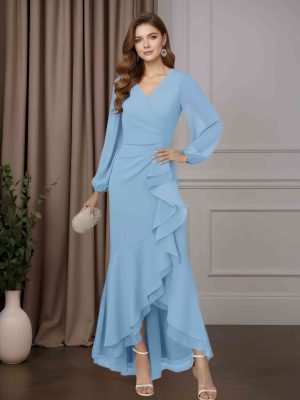Sheath/Column V-Neck Long Sleeves Asymmetrical Mother of the Bride Dresses with Ruffles
