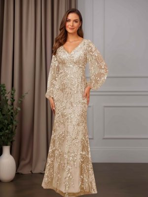 Sheath/Column V-Neck Long Sleeves Floor-Length Mother of the Bride Dresses with Lace Appliques