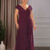 Sheath/Column V-Neck Short Sleeves Floor-Length Plus Size Mother of the Bride Dresses with Ruched