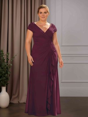 Sheath/Column V-Neck Short Sleeves Floor-Length Plus Size Mother of the Bride Dresses with Ruched