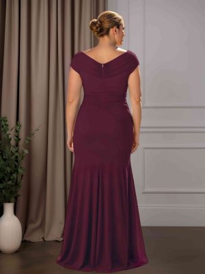 Sheath/Column V-Neck Short Sleeves Floor-Length Plus Size Mother of the Bride Dresses with Ruched