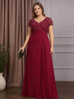 Sheath/Column V-Neck Short Sleeves Floor-Length Plus Size Mother of the Bride Dresses with Pleated & Rhinestone