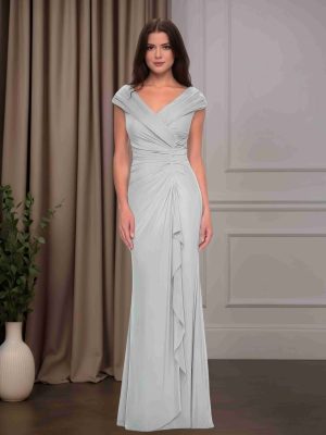 Sheath/Column V-Neck Short Sleeves Floor-Length Mother of the Bride Dresses with Ruched