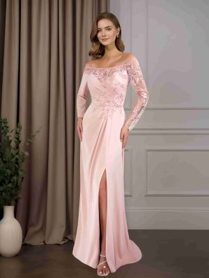 Trumpet/Mermaid Off-The-Shoulder Long Sleeves Floor-Length Mother of the Bride Dresses with Ruffles, Lace Appliques & Split Side