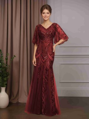 Trumpet/Mermaid V-Neck Half Sleeves Floor-Length Sequin Mother of the Bride Dresses