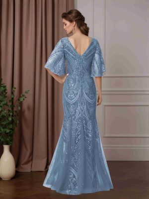 Trumpet/Mermaid V-Neck Half Sleeves Floor-Length Sequin Mother of the Bride Dresses