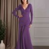 Trumpet/Mermaid V-Neck Long Sleeves Floor-Length Mother of the Bride Dresses with Pleats