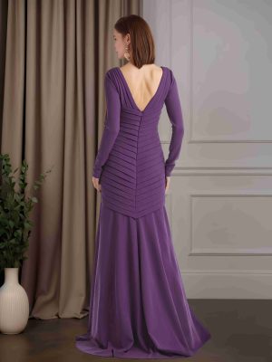 Trumpet/Mermaid V-Neck Long Sleeves Floor-Length Mother of the Bride Dresses with Pleats