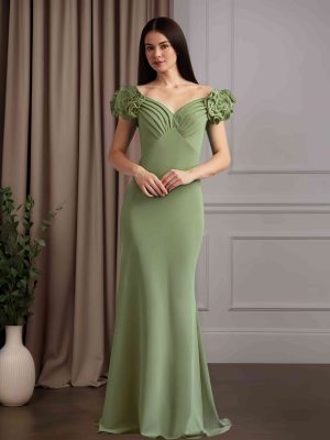 Trumpet/Mermaid V-Neck Short Sleeves Floor-Length Mother of the Bride Dresses with Pleats & 3D Floral Flowers