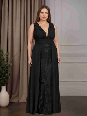 Trumpet/Mermaid V-Neck Sleeveless Floor-Length Mother of the Bride Dresses with Pleated & Overskirt
